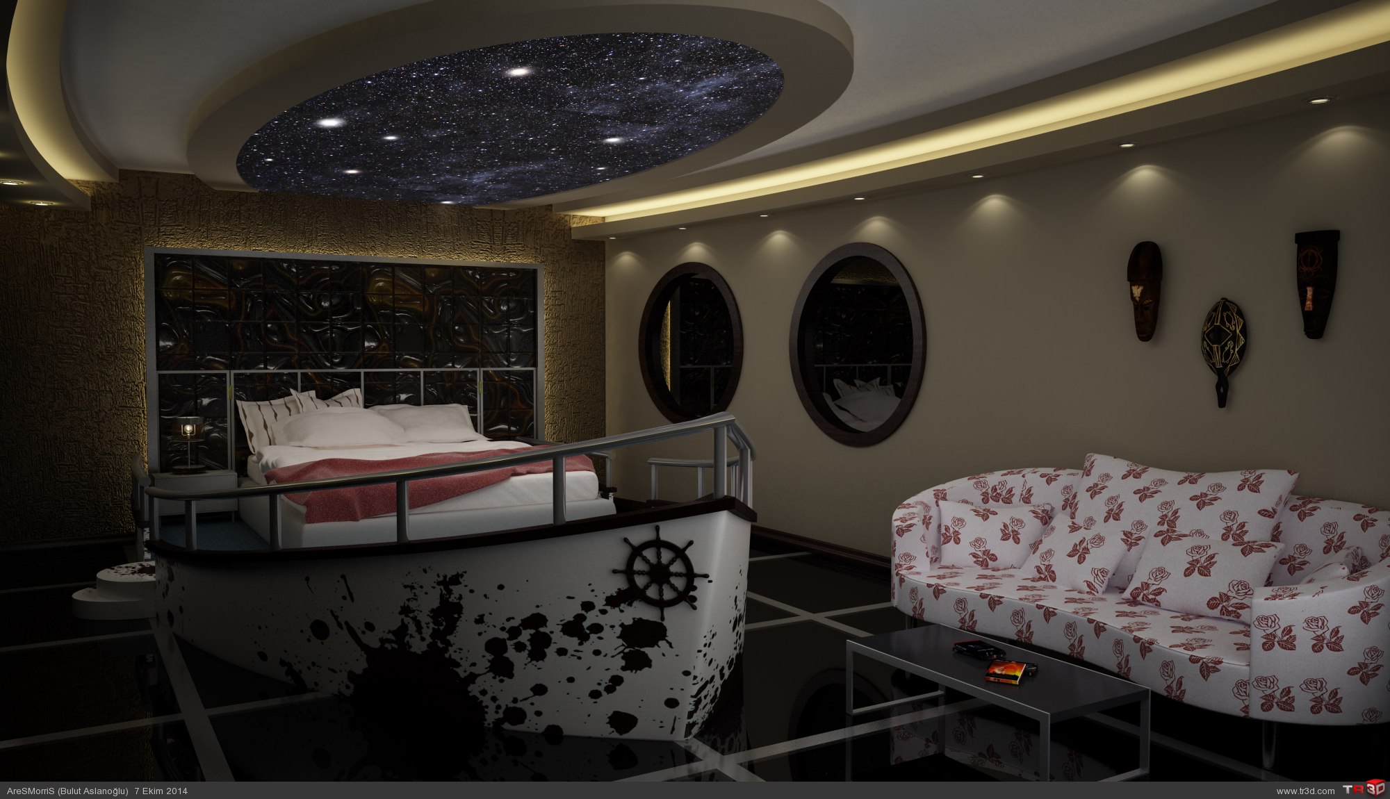 Gemi Konseptli Yatak Odası 3D Çizimler
